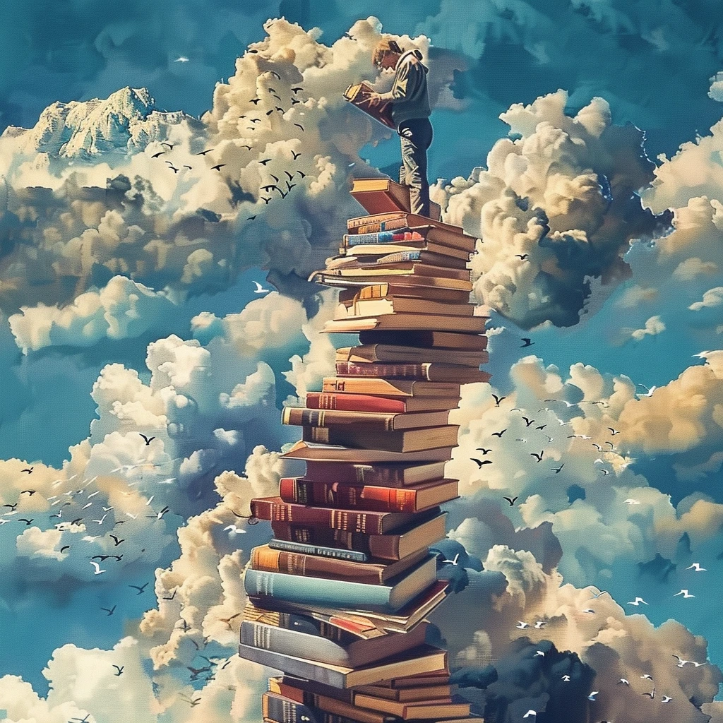 On top of a pile of books