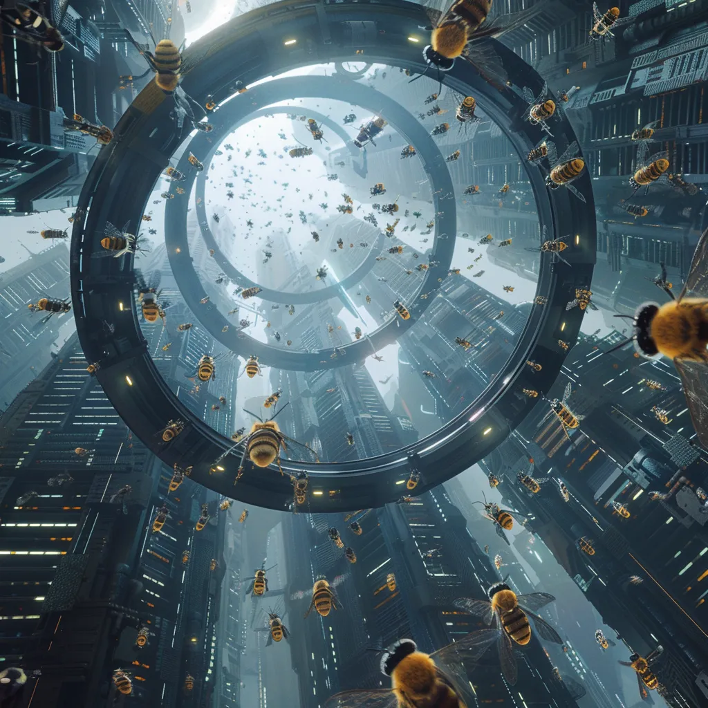 A cylindrical orbital habitat filled with digital worker bees